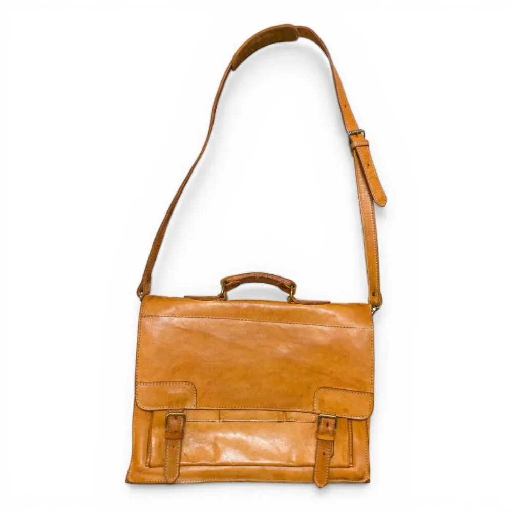 Handmade Natural Leather Satchel Briefcase – Vintage Tan Crossbody Messenger - Picture 2 of 16